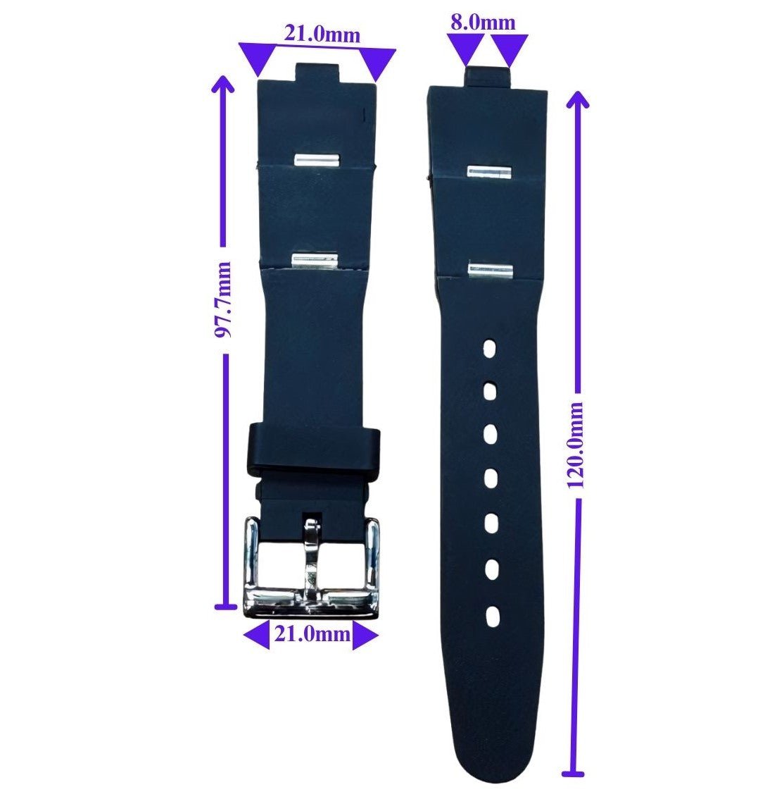 Flexible 21mm Rubber Watch Strap – Compatible Replacement Band for BVLGARI Diagono | Dual - Pin Curved Connector Design - Universal Jewelers & Watch Tools Inc.