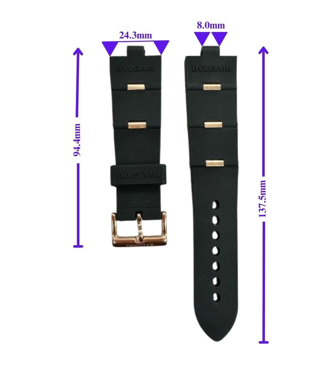 Flexible 24mm Rubber Watch Strap – Rose Gold Pin Replacement Band for BVLGARI Diagono | Dual - Pin Curved Connector Design - Universal Jewelers & Watch Tools Inc.