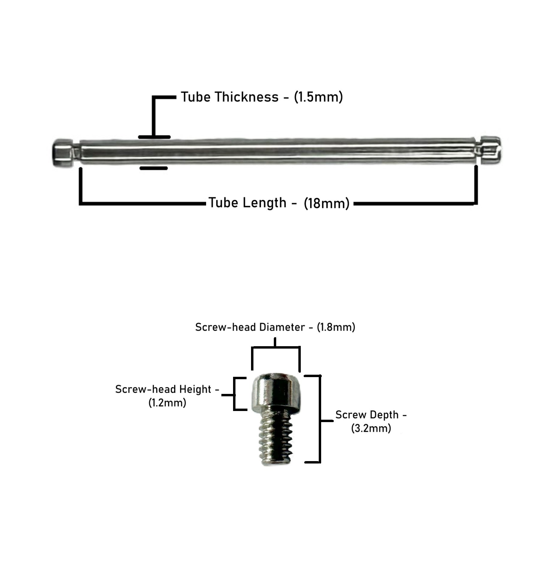 18x1.5mm Tube & Screw for Breitling Watches, M133132ACA18118W - Universal Jewelers & Watch Tools Inc.