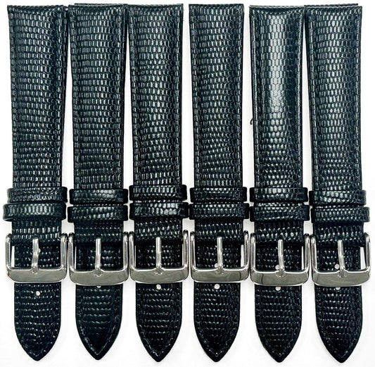 Lot of 6 Bands 18MM Genuine Leather Lizard Grain Padded Black High Quality - Universal Jewelers & Watch Tools Inc.