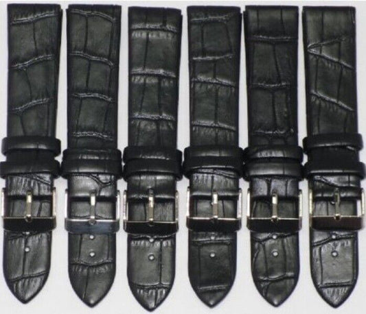 Lot of 6 Watch Band Genuine Leather Alligator Grain Black Flat 22mm Best Quality - Universal Jewelers & Watch Tools Inc.