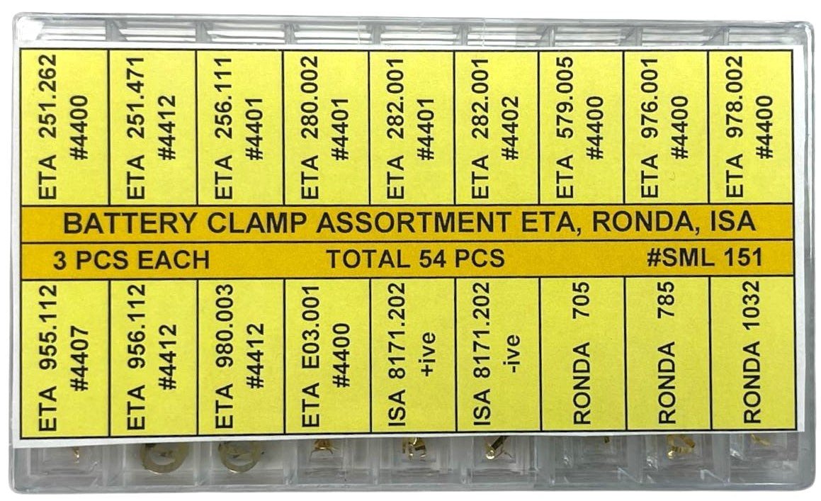 54 Pcs Battery Clamp Assortment for ETA, RONDA & ISA Movements - Universal Jewelers & Watch Tools Inc.