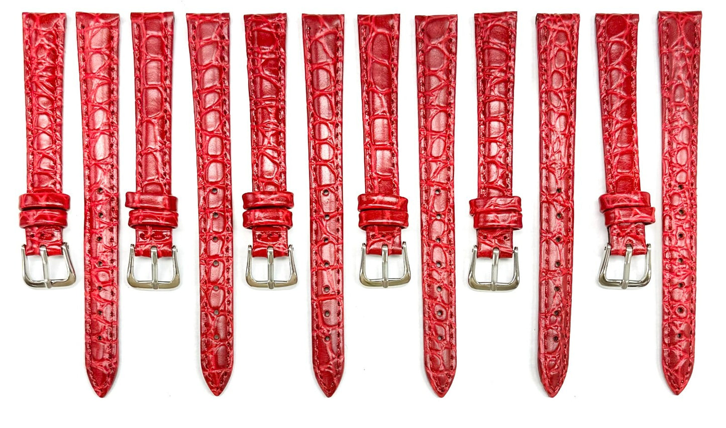 (8-14)mm Genuine Leather Red Crocodile Grain Watch Band, Padded & Stitched, Lady