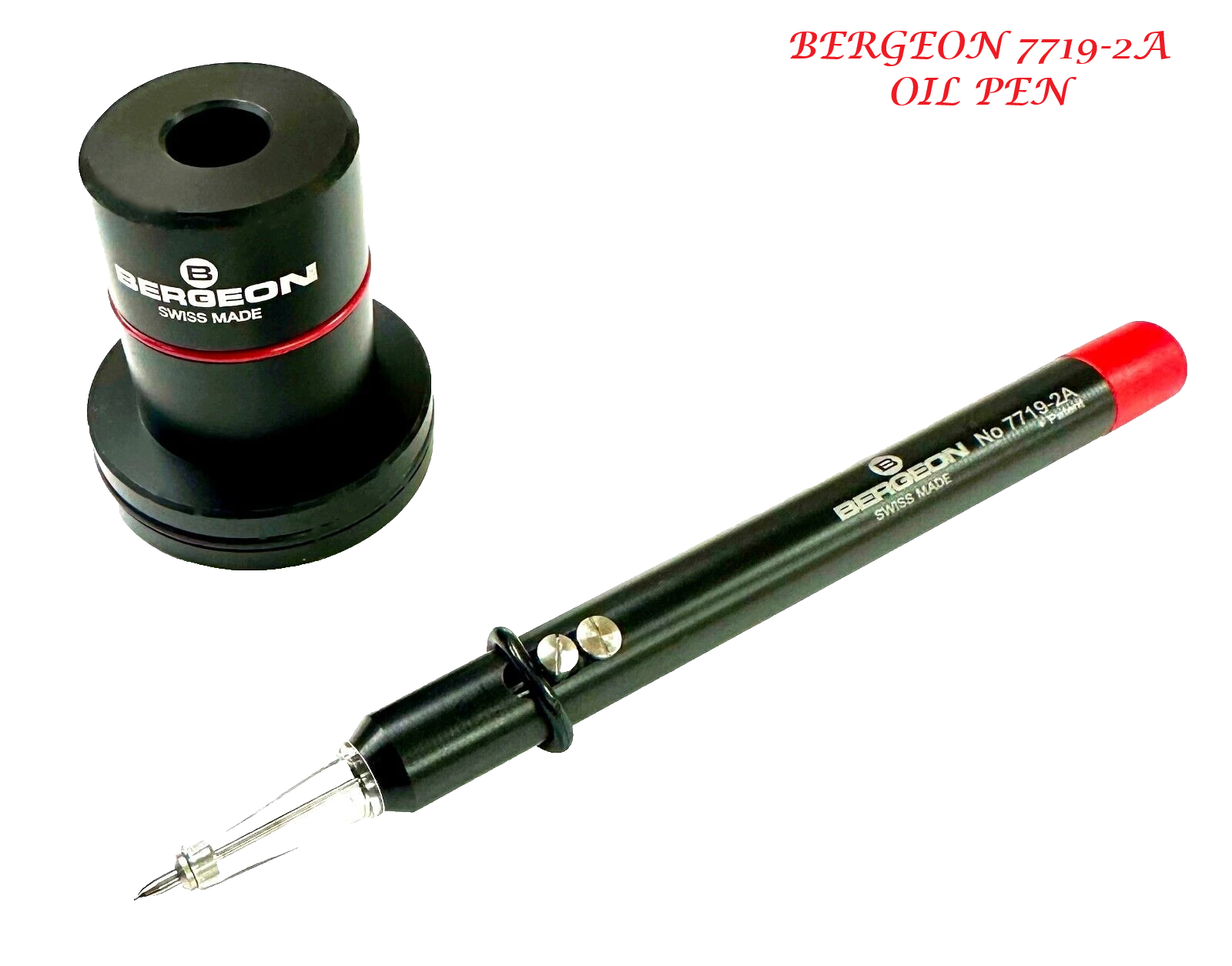 BERGEON 7719-2A OIL PEN WITH STAND, OILER. RED, SWISS MADE, WATCHMAKER TOOLS