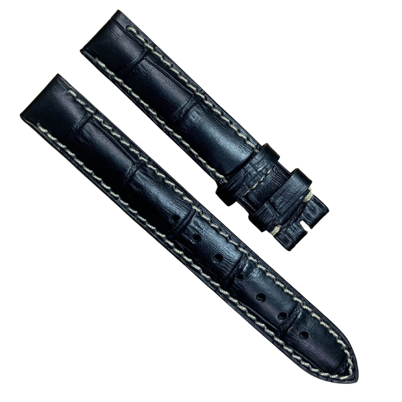 Black 14mm Leather Watch Strap for Longines – White Stitching, Alligator Style