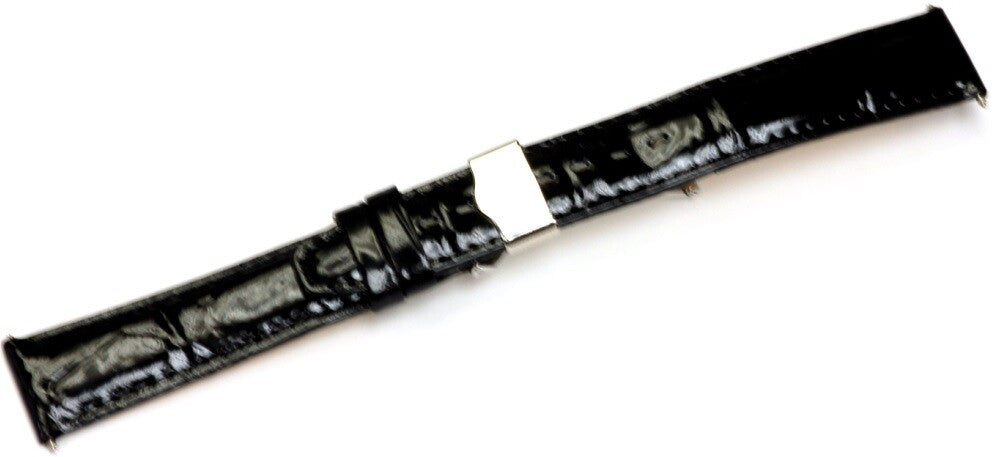18mm Alligator Grains Shiny Black Glossy Leather Watch Band for Men