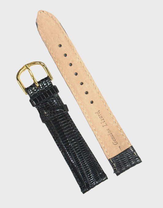 16mm Black 100% Real Lizard Watch Band Padded Watch Strap With Gold Buckle