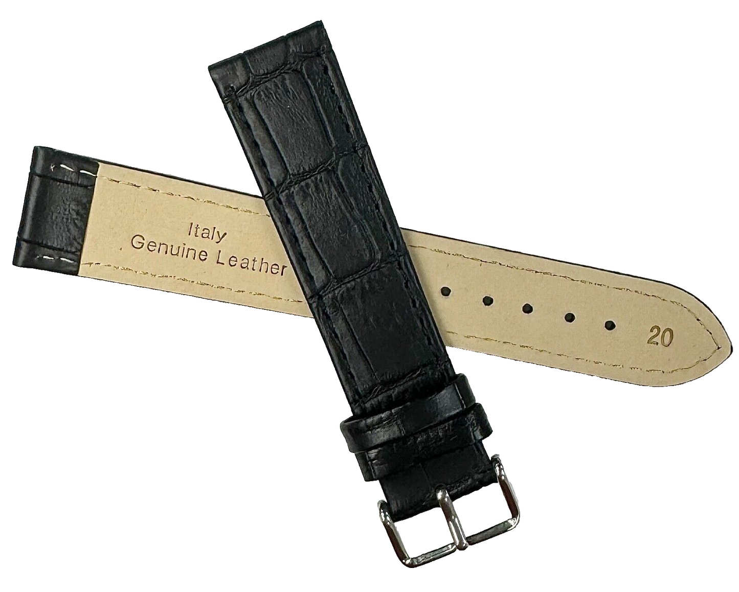 Lot of 6 Watch Bands Genuine Leather Alligator Grain Black, Flat 20mm