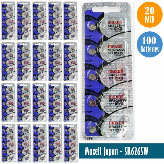 MAXELL 377 Silver Oxide SR626SW Watch Batteries Pack of 100 Batteries