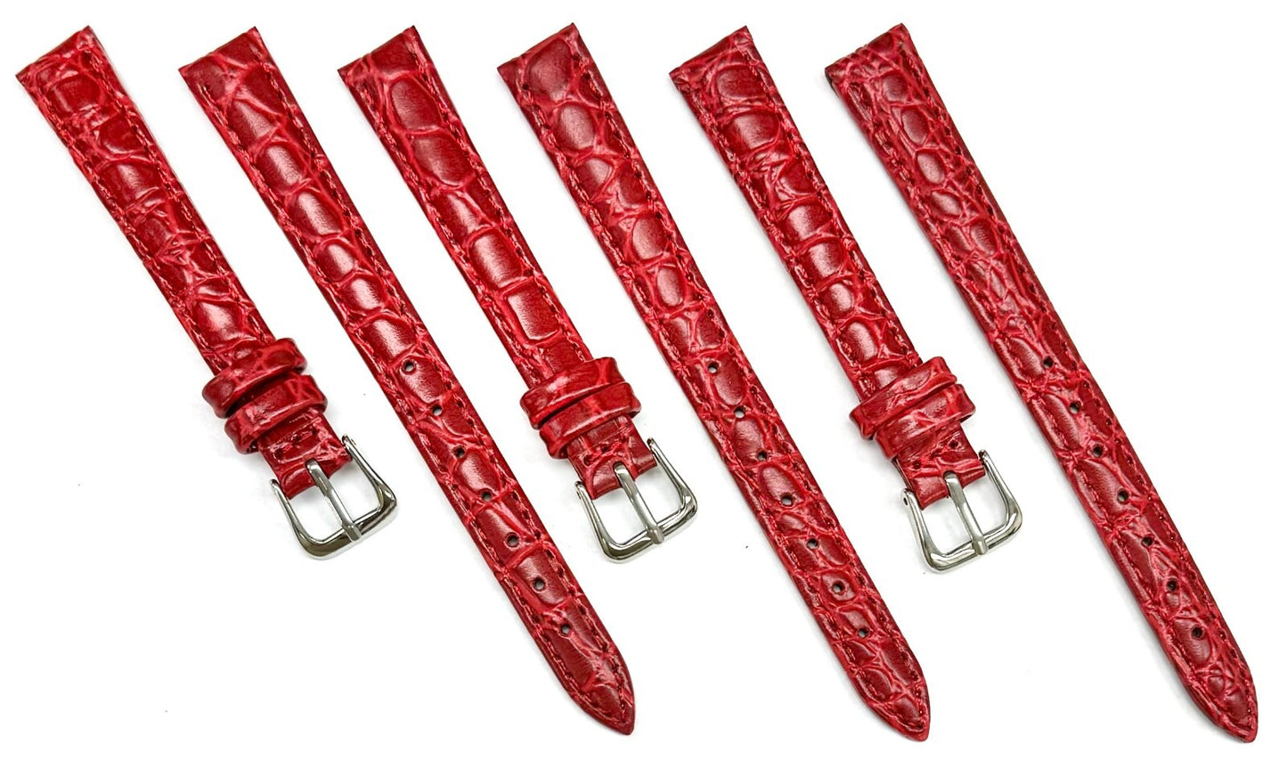(8-14)mm Genuine Leather Red Crocodile Grain Watch Band, Padded & Stitched, Lady