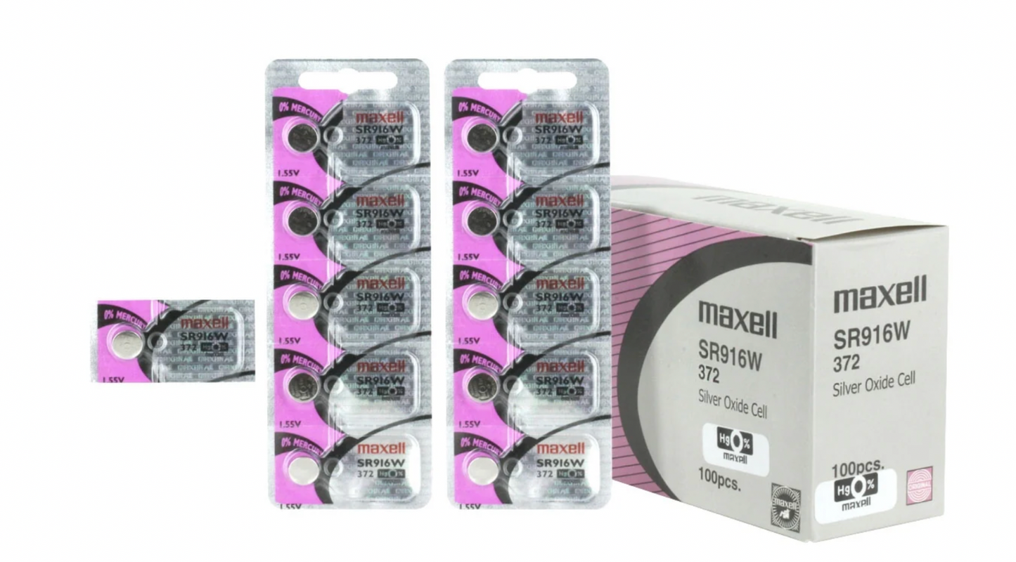 Maxell 372 (SR916W) 1.55V Silver Oxide Watch Batteries – Pack of 100 Batteries
