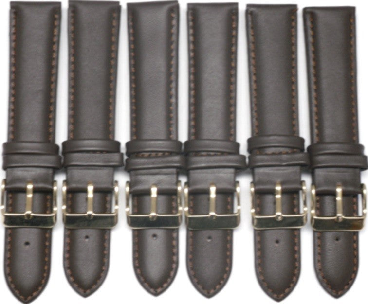 20 MM Long Dark Brown Genuine Leather Plain Padded Watch Band, Lot of 6 Bands