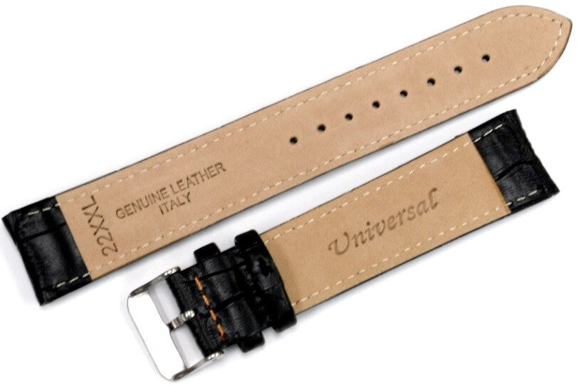 Watch Band Black Genuine Leather Alligator Grain Orange Stitches 22mm-XXL