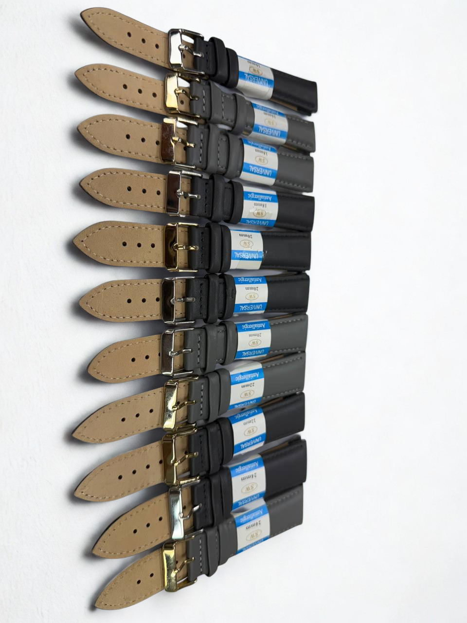 Leather Watch Band Lot of 11 – Black & Gray – Sizes 16mm, 18mm, 20mm, 22mm, 24mm