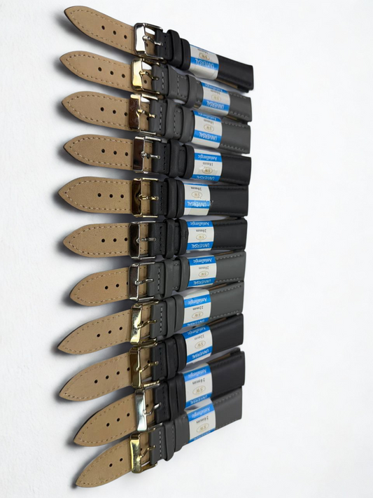 Leather Watch Band Lot of 11 – Black & Gray – Sizes 16mm, 18mm, 20mm, 22mm, 24mm