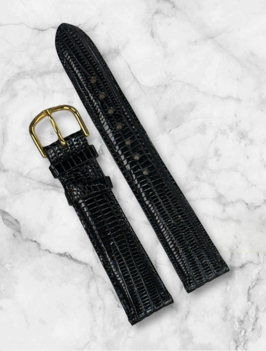 19mm Black 100% Real Lizard Watch Band Padded Watch Strap With Gold Buckle