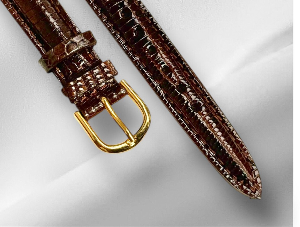 12mm-R D-BROWN 100% Real Lizard Watch Band Padded Watch Band With Gold Buckle