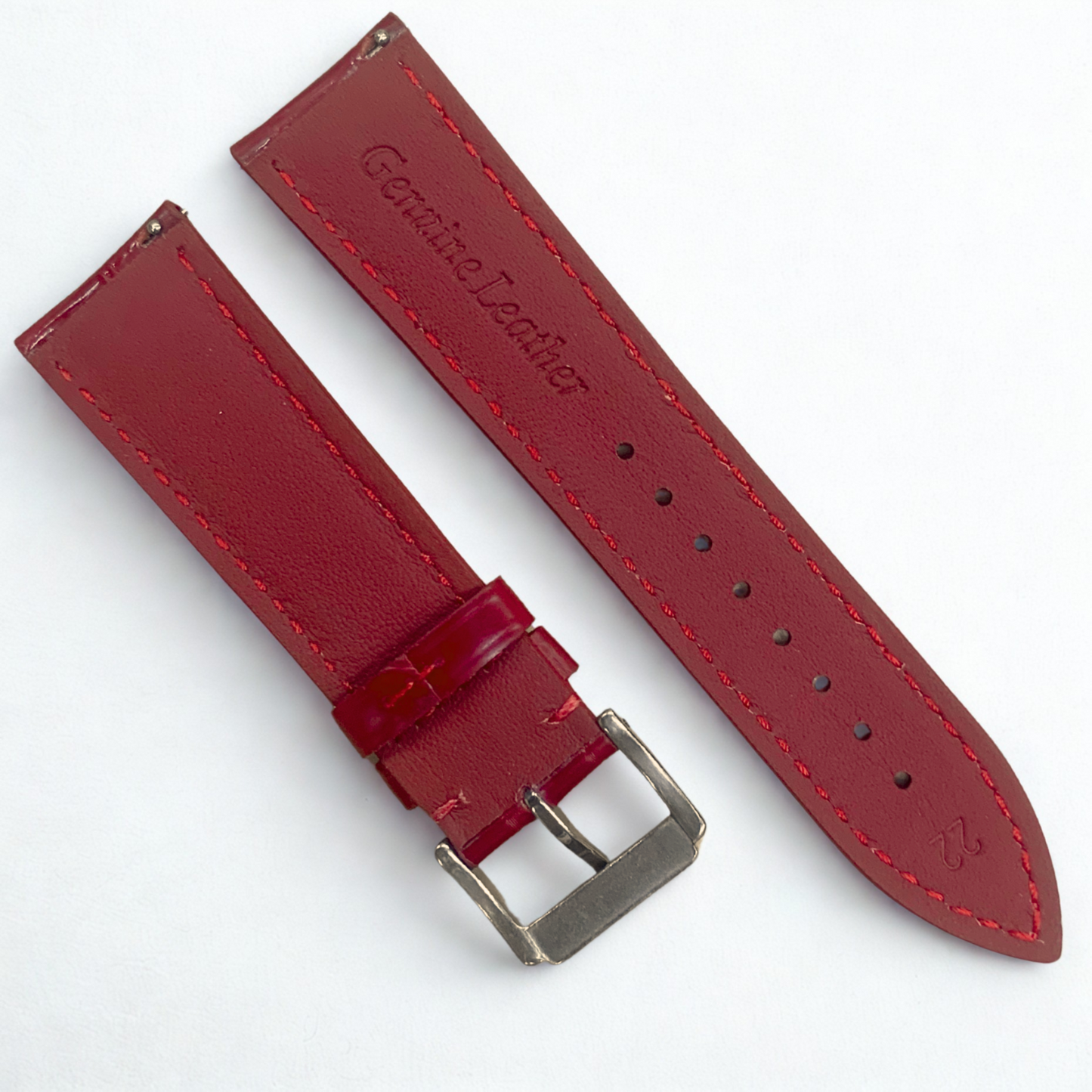 Genuine Leather Watch Band | Red Alligator Grain with Steel Buckle - 22mm width