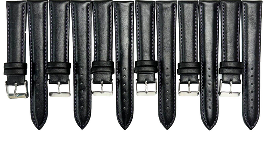 Lot of 6 Watch Bands Plain Black w Purple Stitches Genuine Leather Padded 19mm