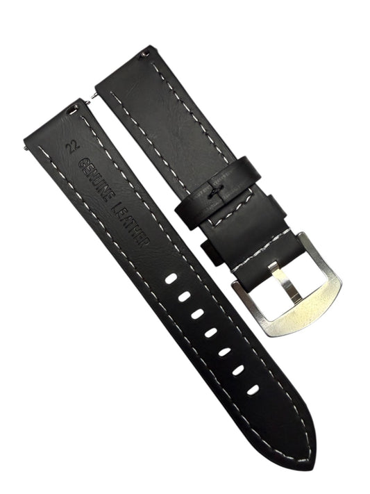 Genuine Leather Black Flat (White Stitched ) Watch Band – Quick Release Strap
