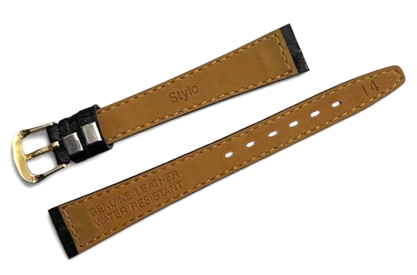 Black 14MM FLAT LEATHER STRAP BAND FOR WATCH gold Buckle