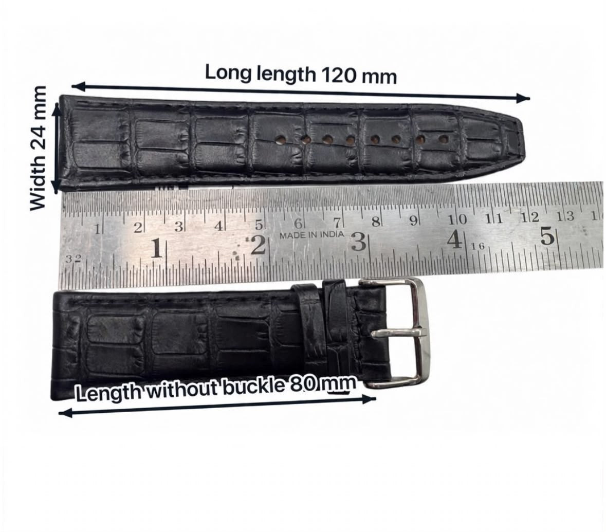 24 MM Black Genuine Leather Alligator Grain Watch Band for High End Watches