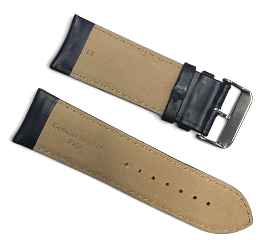 High-Quality Genuine Leather Watch Band Strap Black color w/ White stich-28mm