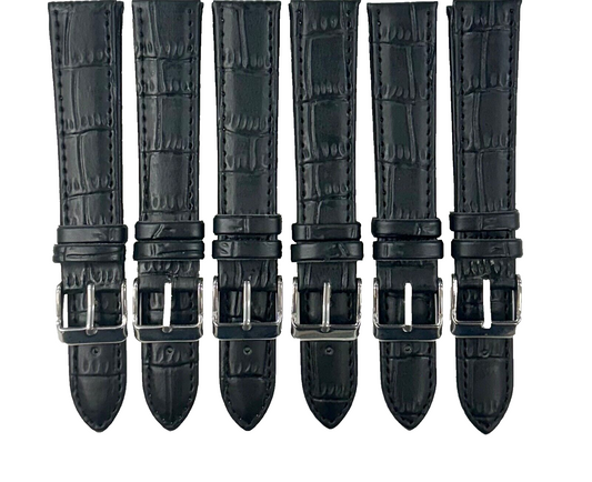 Lot of 6 Watch Bands Black Genuine Leather Alligator Grain Flat Stitches 18x16mm