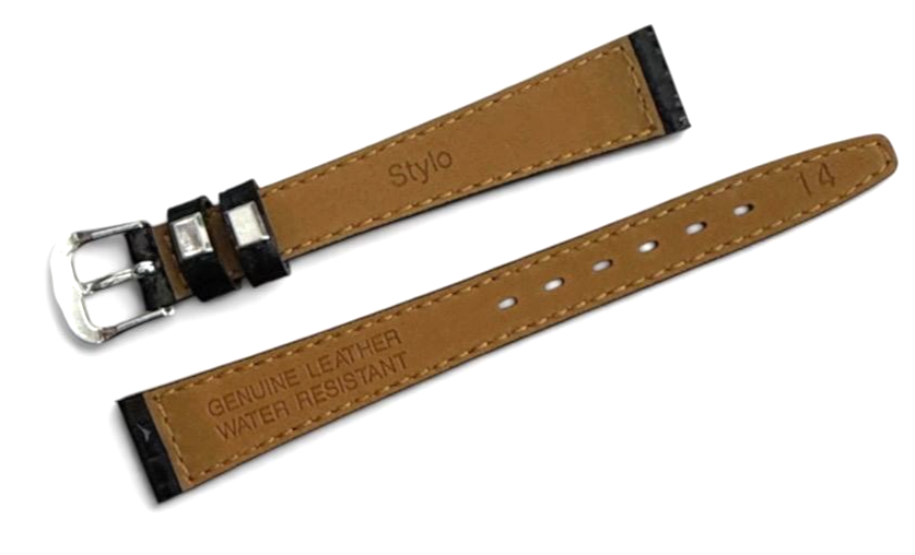 Black 14MM FLAT LEATHER STRAP BAND FOR WATCH silver Buckle