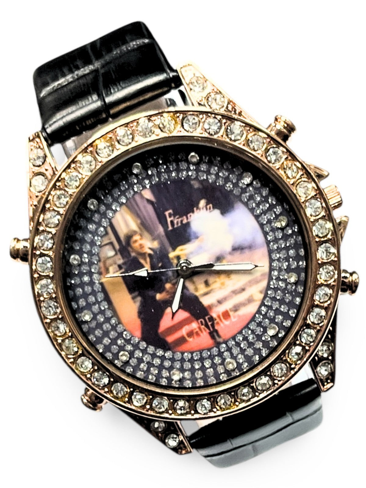 Rhinestones Dial Men Gold Tone Black Genuine Leather Band Watch