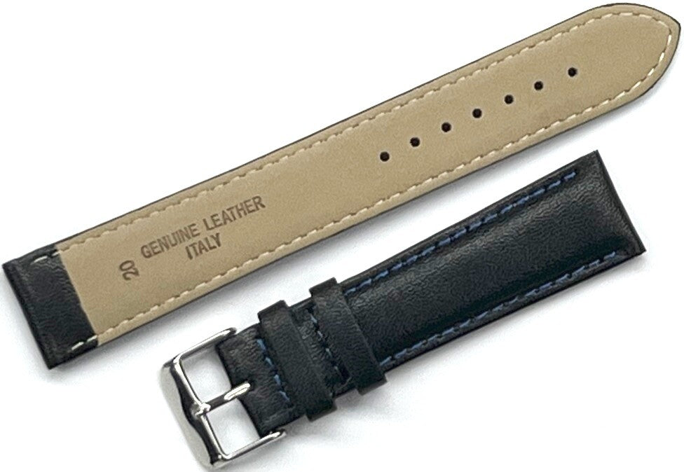 Watch Band Plain Black w/Blue Stitches Genuine Leather Padded 20mm