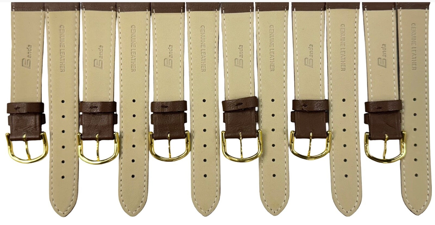 18 MM Plain Padded D.Brown Genuine Leather Watch Band with stitches (Lot of 6)