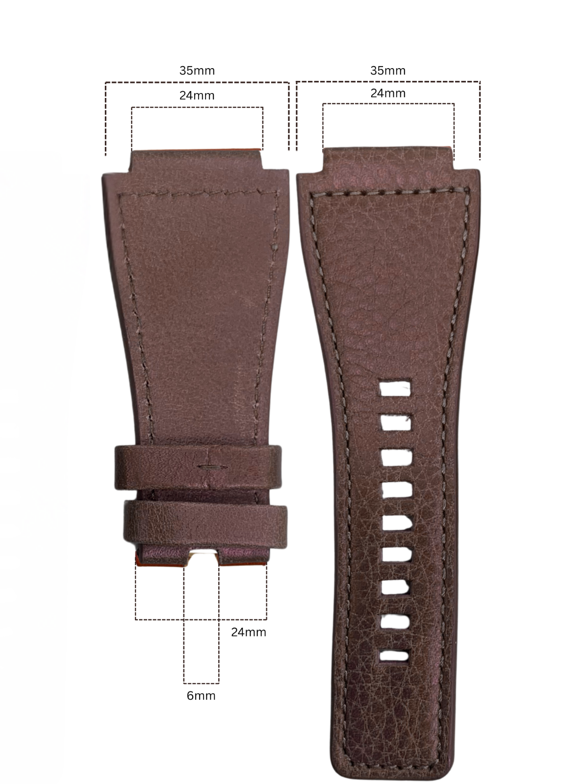 35mm Bell & Ross Style Leather Band Strap – Brown w/ Brown Stitching | 24mm lug