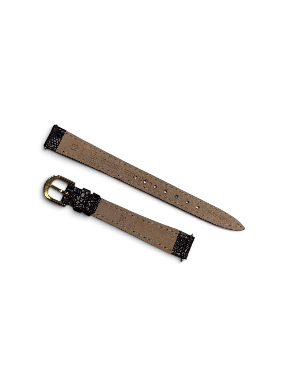 13mm Black color Padded & Stitched Genuine Lizard Watch Band-Gold Buckle