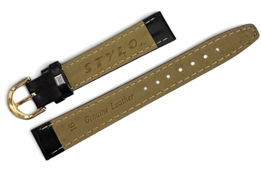 16mm Black color Genuine Leather Watch Band Gold Buckle