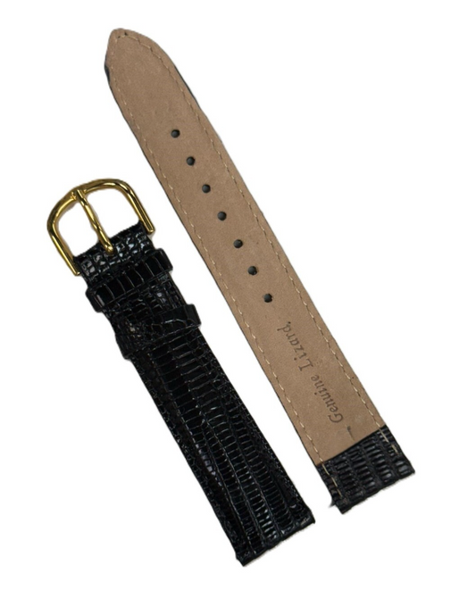 19mm Black 100% Real Lizard Watch Band Padded Watch Strap With Gold Buckle