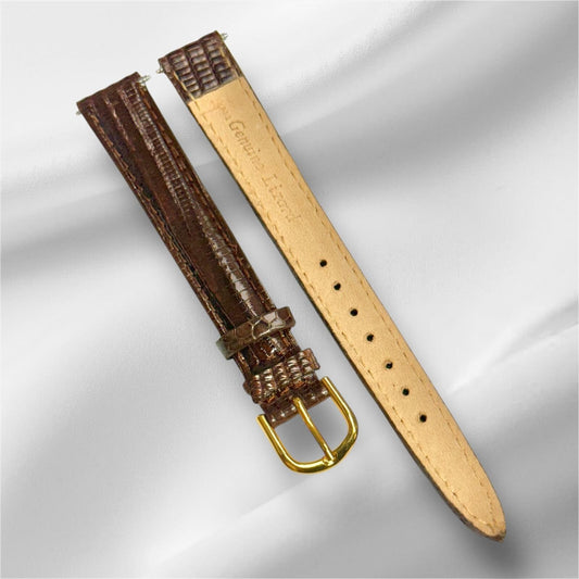 13mm-R  D-BROWN 100% Real Lizard Watch Band Padded Watch Band With Gold Buckle
