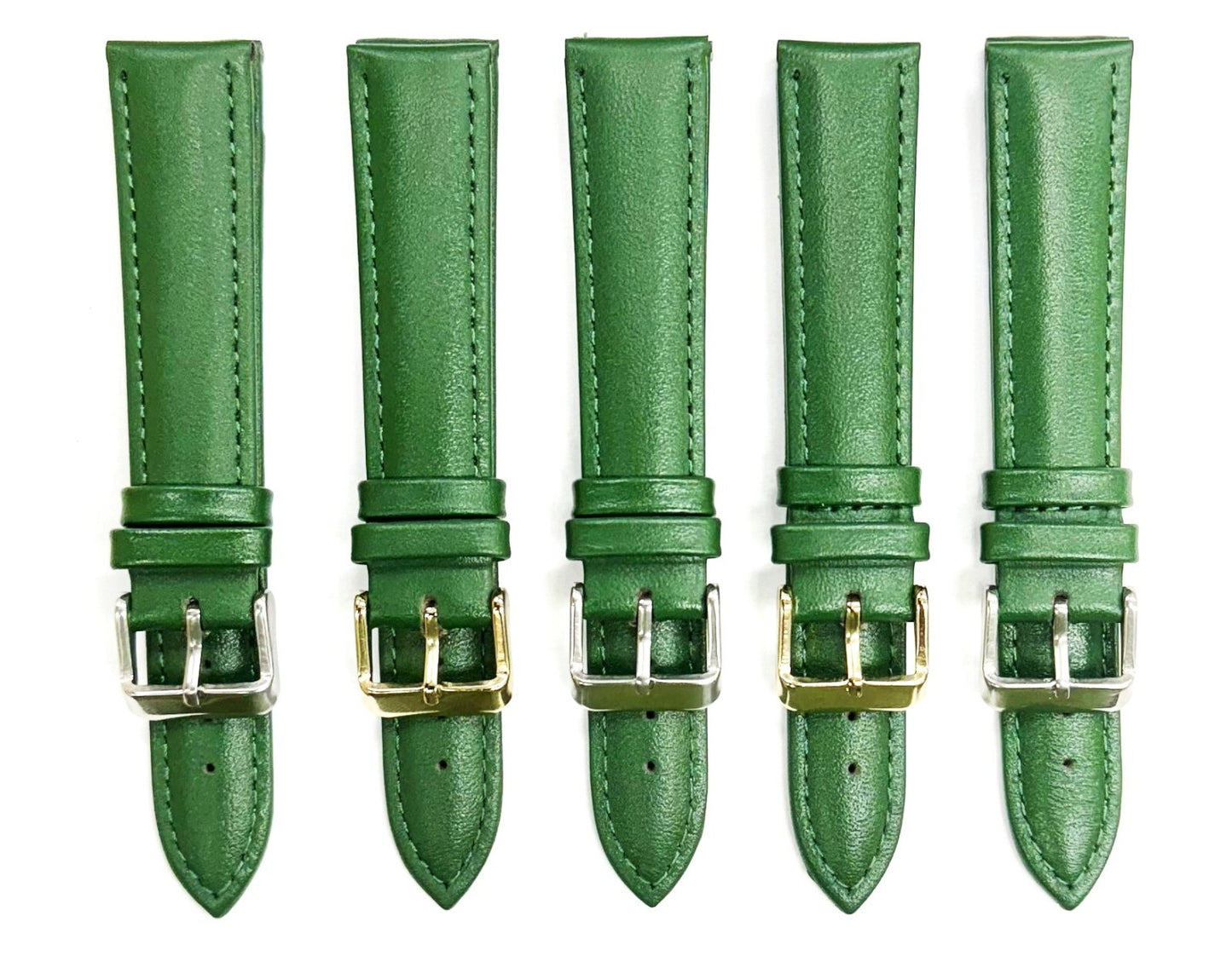 18mm Italian Genuine Leather Plain Dark Green, Padded & Stitched Watch Band