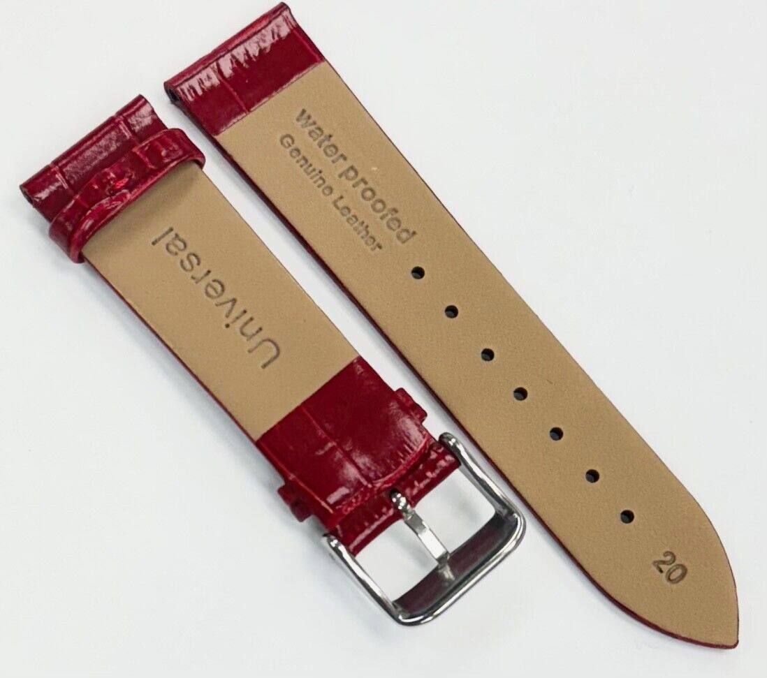 New Watch Band Short 20x16MM Genuine Leather D. Red Alligator Grain Flat Slim