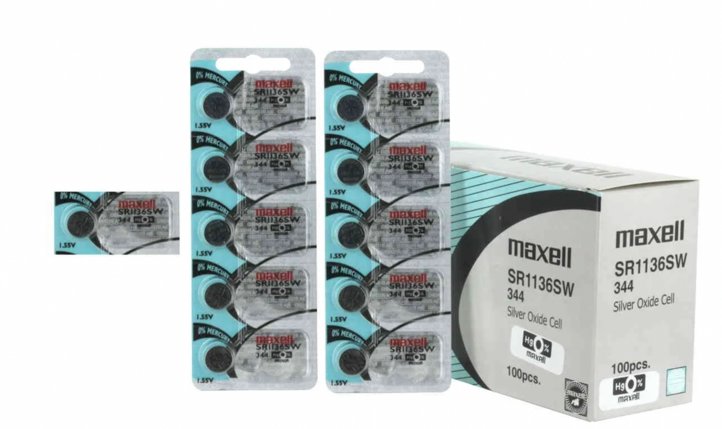 Maxell 344 (SR1136SW) 1.55V Silver Oxide Watch Batteries – Pack of 100 Batteries