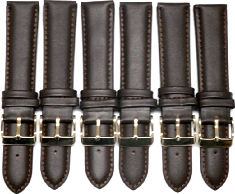 18 MM Dark Brown Genuine Leather Plain Padded Watch Band, Lot of 6 Bands