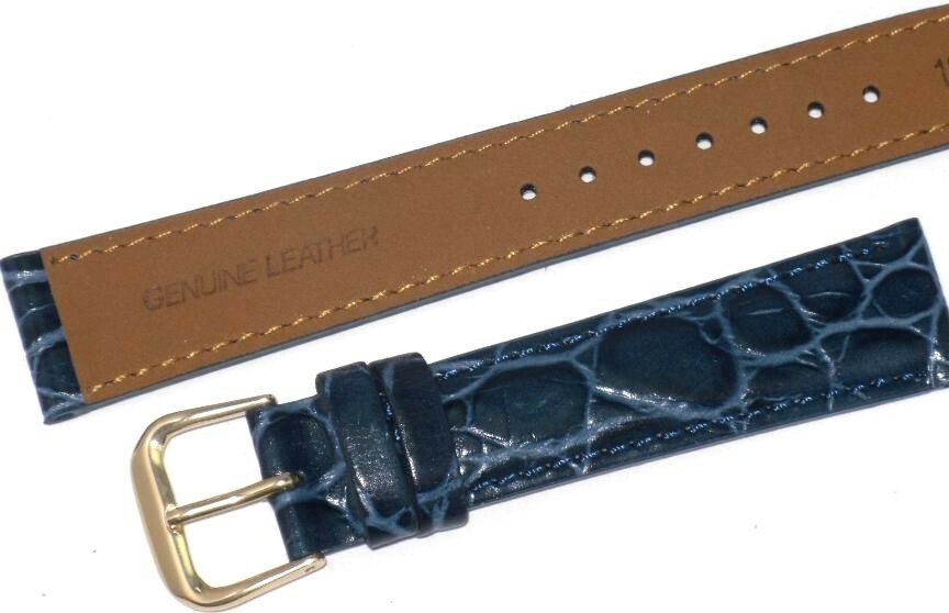 Watch Band Genuine Leather Crocodile Grains Dark Blue 24mm Padded,Stitched