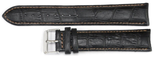 Watch Band Black Genuine Leather Alligator Grain Orange Stitches 22mm-XXL