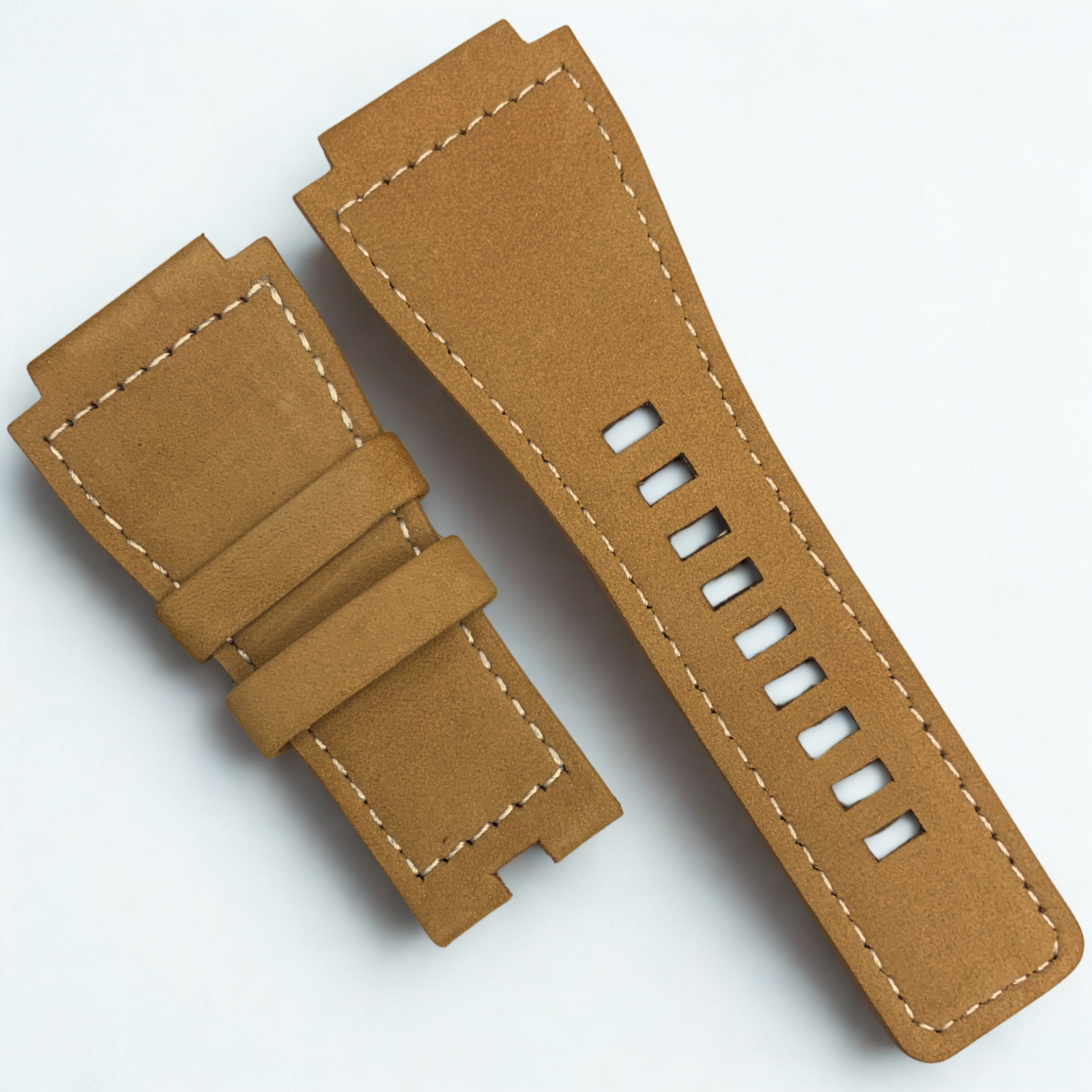 35mm Bell & Ross Style Velvet Leather Watch Strap – Tan with White Stitching