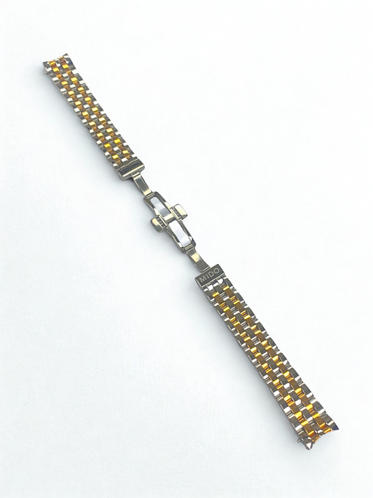 Two-Tone Stainless Steel Watch Band - 15mm Bracelet w/ Curved End Links for Mido