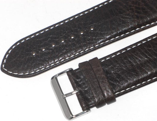 WATCH BAND(ITALIAN)GENUINE LEATHER GRAIN(SOFT)BROWN,PADDED WHITE STITCHES 28MM