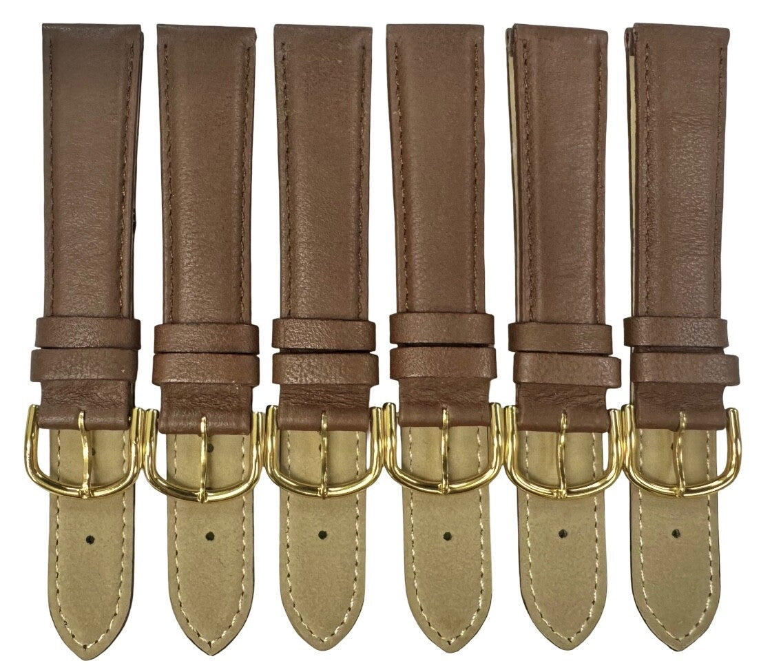 18 MM Plain Padded D.Brown Genuine Leather Watch Band with stitches (Lot of 6)