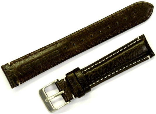 WATCH BAND(ITALIAN) GENUINE LEATHER GRAIN(SOFT)BROWN,PADDED,WHITE STITCHS 18MM