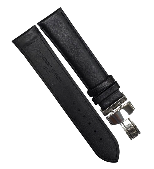 22mm BLACK Genuine Leather stitched Padded Watch Band With Deployment Buckle