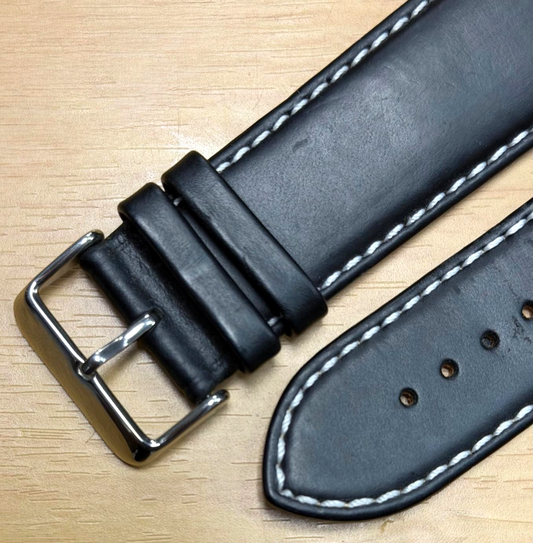 High-Quality Genuine Leather Watch Band Strap Black color w/ White stich-28mm